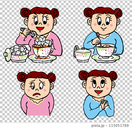 砂糖を摂りすぎて健康を害した人と適量で健康な人4点セット 砂糖を摂りすぎて健康を害した人と適量で健康な人4点セット 115051789