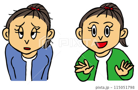 浮かない顔のポニーテールの女性と晴れやかな顔のポニーテールの女性 浮かない顔のポニーテールの女性と晴れやかな顔のポニーテールの女性 115051798