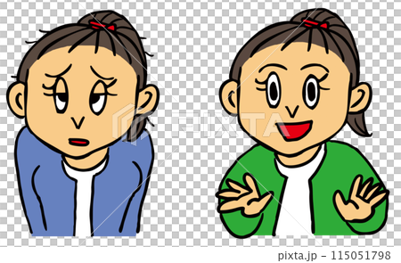 浮かない顔のポニーテールの女性と晴れやかな顔のポニーテールの女性 浮かない顔のポニーテールの女性と晴れやかな顔のポニーテールの女性 115051798