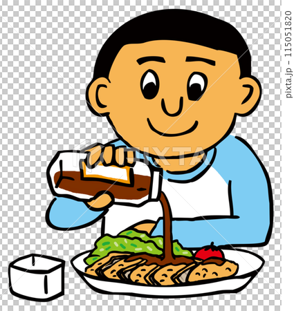 A person pouring sauce on fried food 115051820