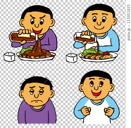 A set of four people: those who have been affected by excessive sauce and those who are healthy because of the right amount 115051825