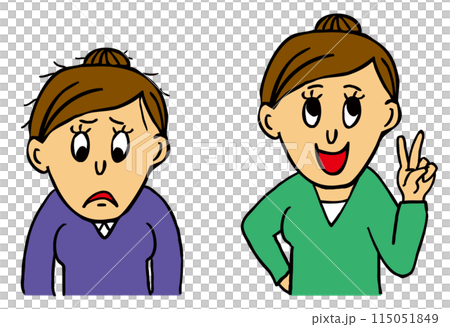 A woman with a gloomy face and a tied-up hairstyle and a woman with a bright face and a tied-up hairstyle 115051849