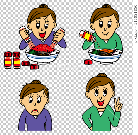 A four-piece set of people who have suffered health problems from using too much shichimi pepper and people who are healthy from using a moderate amount 115051850