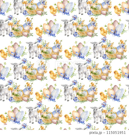 Easter floral seamless pattern with lamb and chick. Watercolor Easter eggs in basket isolated on white. First spring yellow and blue flowers and farm pets hand drawn in neutral. Easter design print 115051951