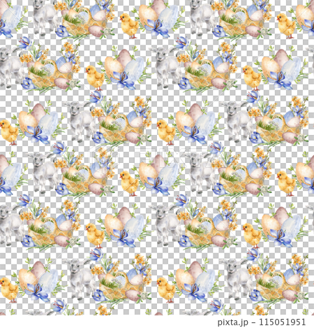 Easter floral seamless pattern with lamb and chick. Watercolor Easter eggs in basket isolated on white. First spring yellow and blue flowers and farm pets hand drawn in neutral. Easter design print 115051951