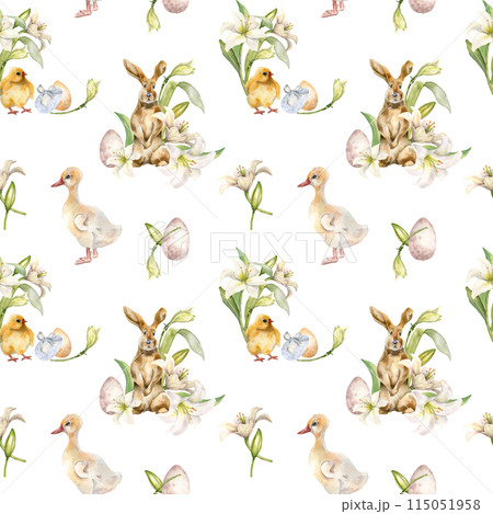 Bunny, chick and gosling watercolor Easter print. Baby animals with lily flowers seamless pattern isolated on white. Pets illustration and gentle floral hand drawn. For textile, paper, backdrop 115051958
