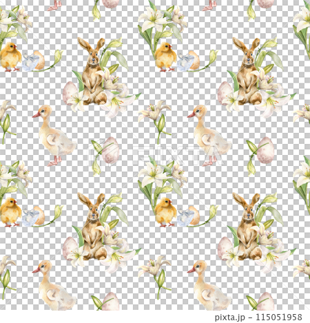 Bunny, chick and gosling watercolor Easter print. Baby animals with lily flowers seamless pattern isolated on white. Pets illustration and gentle floral hand drawn. For textile, paper, backdrop 115051958