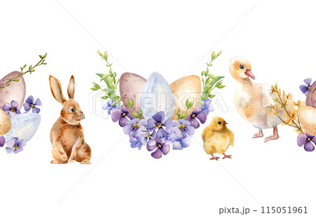 Easter watercolor seamless border with colorful eggs and first spring flowers isolated on white. Floral composition with farm pets hand drawn for Easter design. Rabbit, chick, gosling painted Easter watercolor seamless border with colorful eggs and first spring flowers isolated on white. Floral composition with farm pets hand drawn for Easter design. Rabbit, chick, gosling painted 115051961