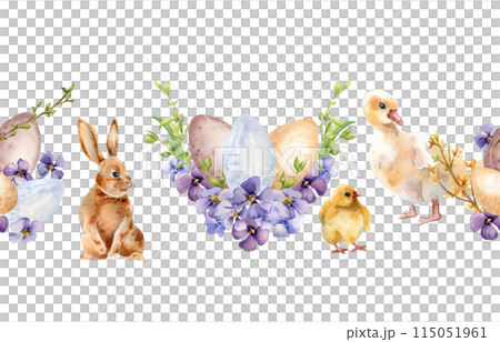 Easter watercolor seamless border with colorful eggs and first spring flowers isolated on white. Floral composition with farm pets hand drawn for Easter design. Rabbit, chick, gosling painted Easter watercolor seamless border with colorful eggs and first spring flowers isolated on white. Floral composition with farm pets hand drawn for Easter design. Rabbit, chick, gosling painted 115051961