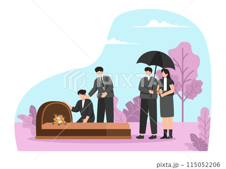 Funeral Ceremony Vector Illustration of Sad People in Black Clothes Standing by a Grave with Wreaths Around a Coffin in a Flat Cartoon Background Funeral Ceremony Vector Illustration of Sad People in Black Clothes Standing by a Grave with Wreaths Around a Coffin in a Flat Cartoon Background 115052206