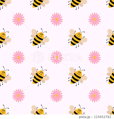 Vector cute cartoon seamless pattern with bees and pink flowers. Funny bees background. Vector flat illustration. 115052781
