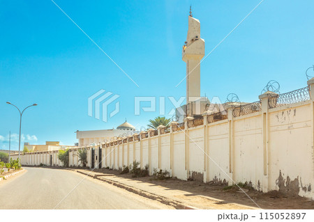Saudi Institute Mosque with road in foreground, Djibouti city, Djibouti, Horn of Africa 115052897