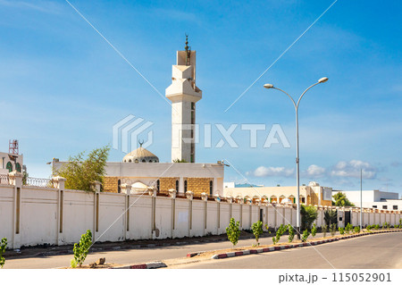 Saudi Institute Mosque with road in foreground, Djibouti city, Djibouti, Horn of Africa Saudi Institute Mosque with road in foreground, Djibouti city, Djibouti, Horn of Africa 115052901