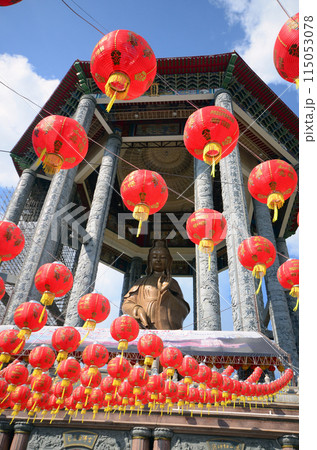 Red lantern tradition lamp on Chinese New Year festival in Chinatown. Celebration hanging Red lantern for luck in temple. East Asia tradition in Asia temple. Religion buddhism festival 115053078