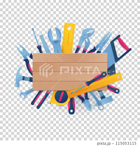 Round frame from hand instruments with copy space. DIY store signboard vector illustration. Hammer, pliers, handsaw, rasp, adjustable spanner, wrench, tape measure and screwdrivers around wooden board Round frame from hand instruments with copy space. DIY store signboard vector illustration. Hammer, pliers, handsaw, rasp, adjustable spanner, wrench, tape measure and screwdrivers around wooden board 115053115
