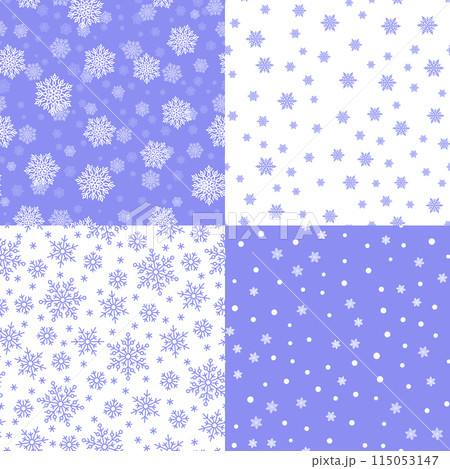 Vintage snowflakes seamless patterns set in white and purple colours. Cute snowflakes on light background. Template for christmas gifts wrapping paper. Winter season wallpaper vector illustration. Vintage snowflakes seamless patterns set in white and purple colours. Cute snowflakes on light background. Template for christmas gifts wrapping paper. Winter season wallpaper vector illustration. 115053147