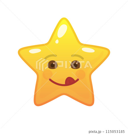 Playful star shaped comic emoticon. Frisky face with facial expression. Coltish emoji symbol for internet chatting. Funny social communication animated character. Mood message isolated vector element Playful star shaped comic emoticon. Frisky face with facial expression. Coltish emoji symbol for internet chatting. Funny social communication animated character. Mood message isolated vector element 115053185