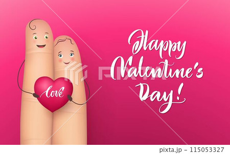 Pair happy fingers holding heart love lettering, realistic, red background. Vector illustration of sense message. Concept image of romance, tenderness, feeling Pair happy fingers holding heart love lettering, realistic, red background. Vector illustration of sense message. Concept image of romance, tenderness, feeling 115053327