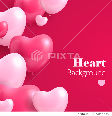 Realistic hearts balloon. Ornament of hearts in the form of balloons from left side on a red background. Romantic vector background for banner, card or presentation. 115053339