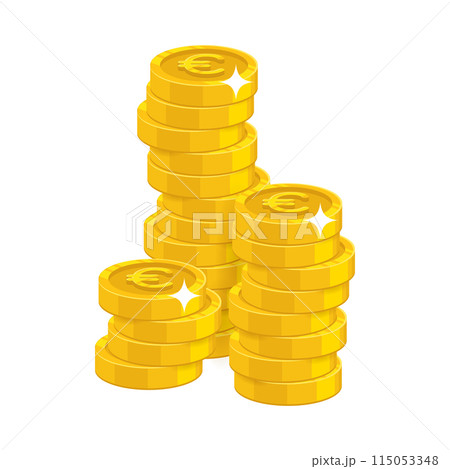 Stack gold euro isolated cartoon. Bunches of gold euro and euro signs for designers and illustrators. Gold stacks of pieces in the form of a vector illustration 115053348