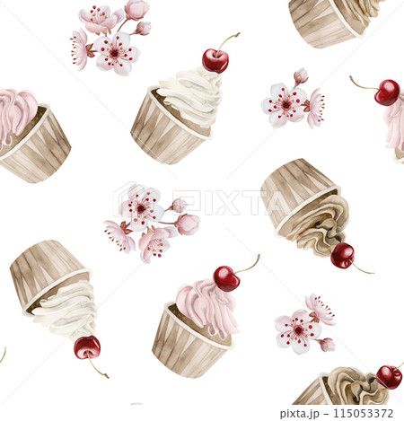 Cupcakes with cherry berries and flowers. Watercolor seamless pattern on white background with muffins for confectionery design, table textile, delicious prints, summer fabrics, wrapping paper 115053372