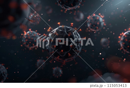Coronavirus 2019-nCov novel coronavirus concept resposible for SARS-CoV-2 outbreak and coronaviruses influenza as dangerous flu strain cases as a pandemic. Microscope virus close up 115053413