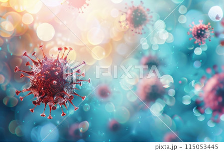 A 3D illustration of multiple virus particles suspended in the air, depicted with a blue tint, highlighting their structure and surface proteins A 3D illustration of multiple virus particles suspended in the air, depicted with a blue tint, highlighting their structure and surface proteins 115053445
