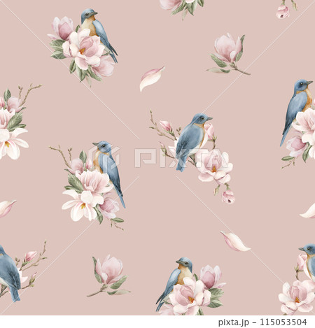 Blue birds on branches with magnolia flowers. Watercolor floral seamless pattern on peach pink background. Spring blossom for flower fabric, cosmetic packaging, wrapping paper and home textile 115053504