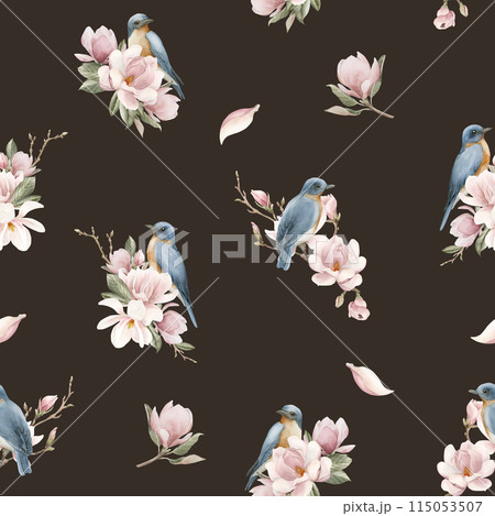 Blue birds on branches with light pink magnolia flowers. Watercolor floral seamless pattern on dark background. Spring blossom for flower fabric, cosmetic packaging, wrapping paper and home textile 115053507