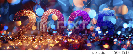 banner number 2025 bokeh background, generative AI 115053538