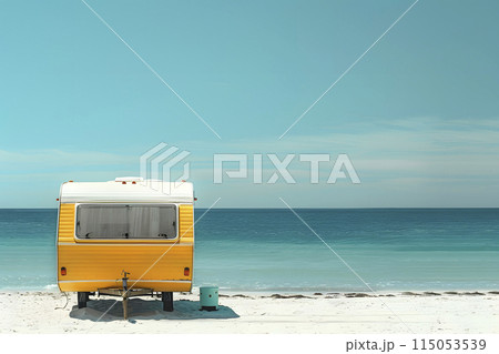 caravan on a white sand beach, generative AI 115053539