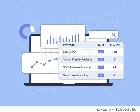 SEO rank tracker and ranking tool for monitoring keyword positions. Analyzing SEO performance, tracking SERP, providing search metrics, insights, rank reporting to enhance search engine optimization 115053566