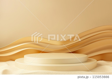 Luxurious gold toned podium featuring fluid, wave like curves. Ideal for highlighting premium goods in a graceful and sophisticated manner. Empty scene. Stage, display, showcase. Generative AI. Luxurious gold toned podium featuring fluid, wave like curves. Ideal for highlighting premium goods in a graceful and sophisticated manner. Empty scene. Stage, display, showcase. Generative AI. 115053666