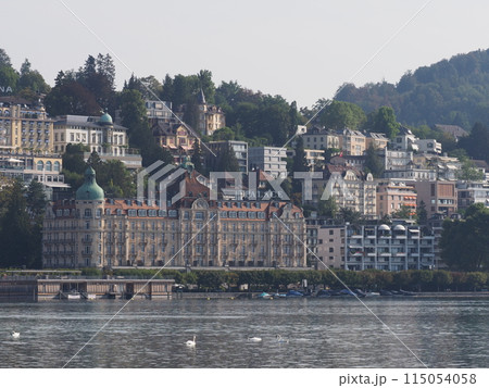 View to lake and townscape of European Lucerne city in Switzerland 115054058