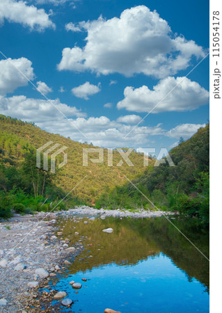 Serene River Valley with Clear Sky and Fluffy Clouds, reflecting a peaceful environment Serene River Valley with Clear Sky and Fluffy Clouds, reflecting a peaceful environment 115054178
