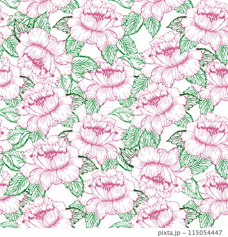 Spring pink peony flower seamless pattern with line art colorful flower. Chines peon and little flower background 115054447