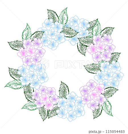 Spring floral circle wreath with hydrangea flower. Violet and blue little flower with green for card or invite Spring floral circle wreath with hydrangea flower. Violet and blue little flower with green for card or invite 115054483