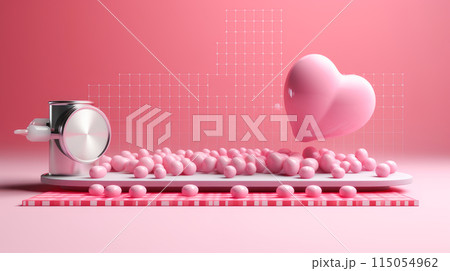 Multi-colored tablets, capsules and vitamins in a jar on a pink background. 115054962