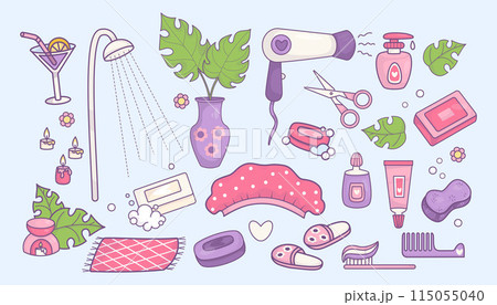Shower cosmetics set. Personal hygiene products: cream, soap, shower cap, washcloth, comb, toothbrush with toothpaste, aroma lamp with candles, shower, slippers and dryer. Isolated Vector elements. Shower cosmetics set. Personal hygiene products: cream, soap, shower cap, washcloth, comb, toothbrush with toothpaste, aroma lamp with candles, shower, slippers and dryer. Isolated Vector elements. 115055040