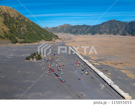 Aerial view of adventure tourist car for mountain Bromo vocalno viewpoint in parking area, Indonesia 115055053