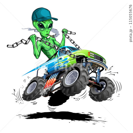 Vector cartoon alien drives a monstertruck Vector cartoon alien drives a monstertruck 115055676