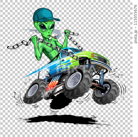 Vector cartoon alien drives a monstertruck Vector cartoon alien drives a monstertruck 115055676