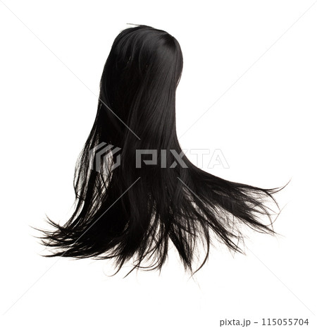 Long straight Wig hair style fly from strong wind. Black woman wig wave hair float in mid air. Straight black curl wig hair wind blow storm. White background isolated high speed freeze motion 115055704