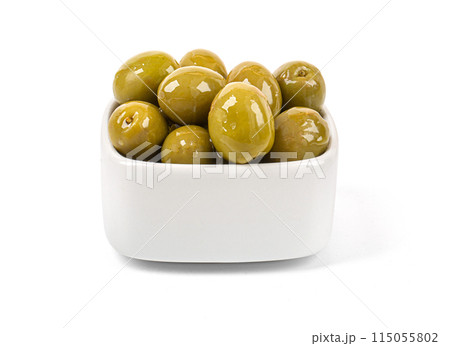 Green olives, in a white bowl Green olives, in a white bowl 115055802
