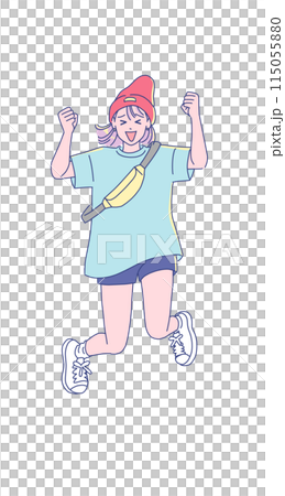 元気にジャンプするアニメ調の若い女性 115055880