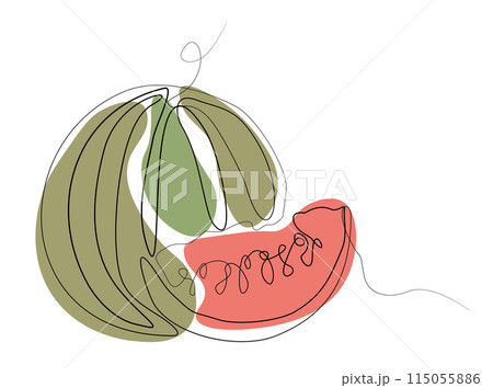 Watermelon Vector One continuous line drawing with Color Abstract Shapes. Illustration, banner in modern Memphis style. Minimalist banner, background, poster, editable stroke with Fruit. Watermelon Vector One continuous line drawing with Color Abstract Shapes. Illustration, banner in modern Memphis style. Minimalist banner, background, poster, editable stroke with Fruit. 115055886