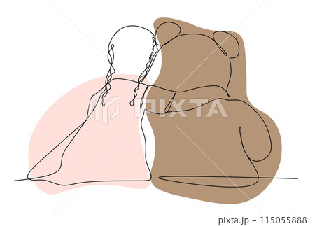 Little Girl with Teddy bear Sitting on floor and Hugging. Autism concept Continuous line art Conceptual image Back view, Mental Health day awareness. Outline Vector Illustration, Abstract color Shapes Little Girl with Teddy bear Sitting on floor and Hugging. Autism concept Continuous line art Conceptual image Back view, Mental Health day awareness. Outline Vector Illustration, Abstract color Shapes 115055888