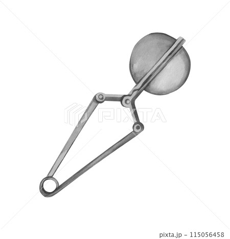 A tea strainer with a handle for brewing tea, a round tea infuser with a handle on a spring. All objects are hand-painted with watercolors. For printing on packaging, paper, kitchen design, textiles 115056458