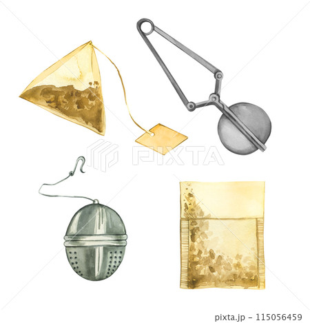 Set of watercolor illustrations. Tea bags, tea strainer, infuser for brewing. All objects are hand-painted with watercolors. For printing on packaging, paper, kitchen design, textiles 115056459