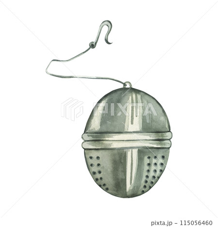 Tea strainer, round tea infuser with chain. All objects are hand-painted with watercolors. Watercolor illustration. For printing on packaging, paper, kitchen design, textiles Tea strainer, round tea infuser with chain. All objects are hand-painted with watercolors. Watercolor illustration. For printing on packaging, paper, kitchen design, textiles 115056460
